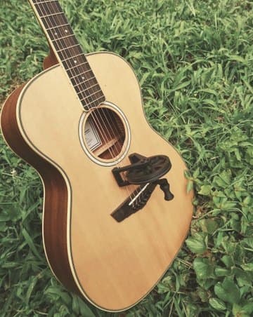Acoustic guitar with Cloverwheel lying in green grass